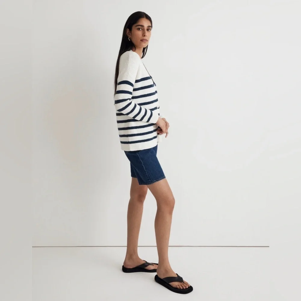 Madewell Striped V-Neck Button Front Cotton Cardigan | Small | Navy & Cream